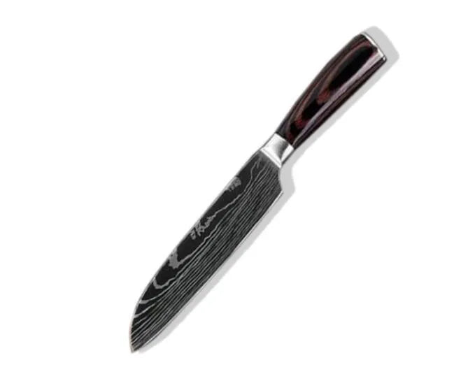 7Cr17 stainless steel kitchen knife with laser Damascus pattern on blade and colour steel handle.