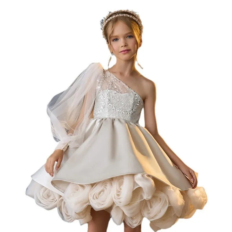 Girls apricot sling princess dress in polyester blend, sizes 100cm to 150cm
