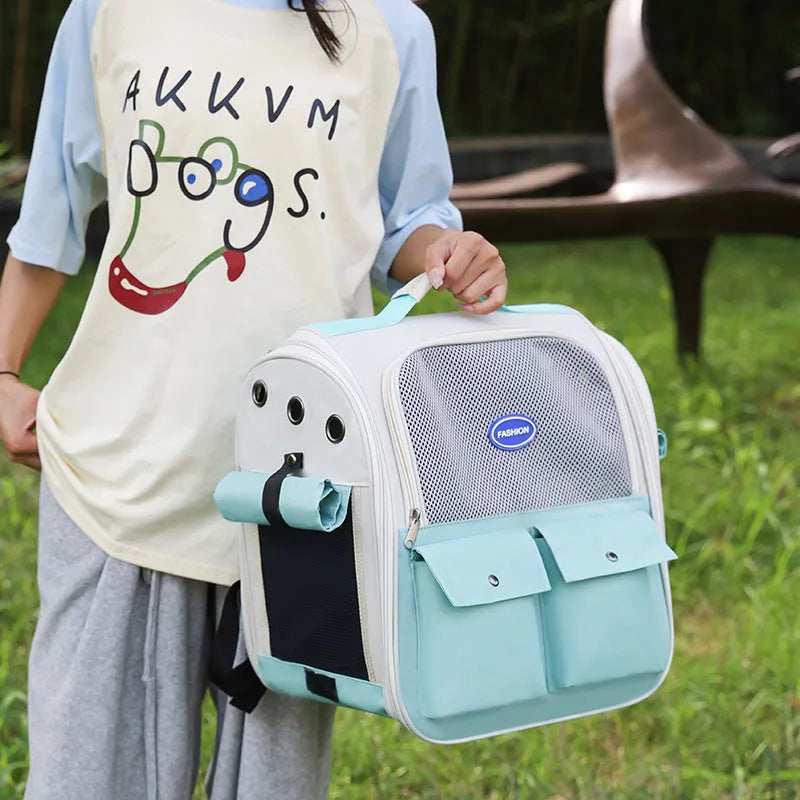 Portable breathable pet backpack in solid colour Oxford cloth with medium soft hardness for pet travel.