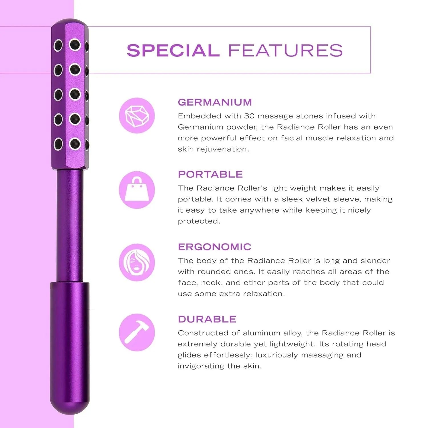 Germanium stone lifting facial roller stick 19x172mm non-powered household massager in purple highlight finish