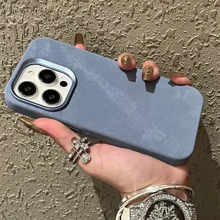 Magnetic leather drop-resistant flannel phone case for iPhone in silver grey colour showing hard case design