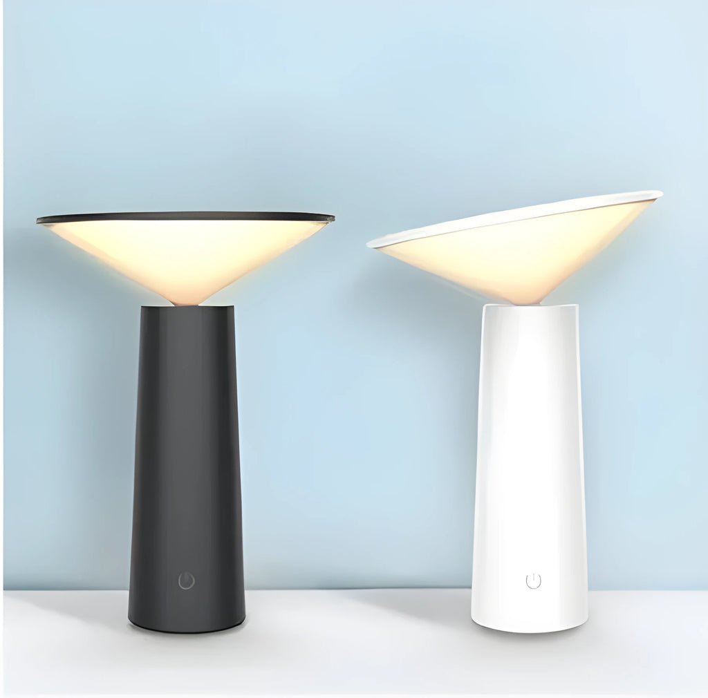 Black USB rechargeable LED desk lamp with touch sensor and adjustable lamp head on a wooden desk.
