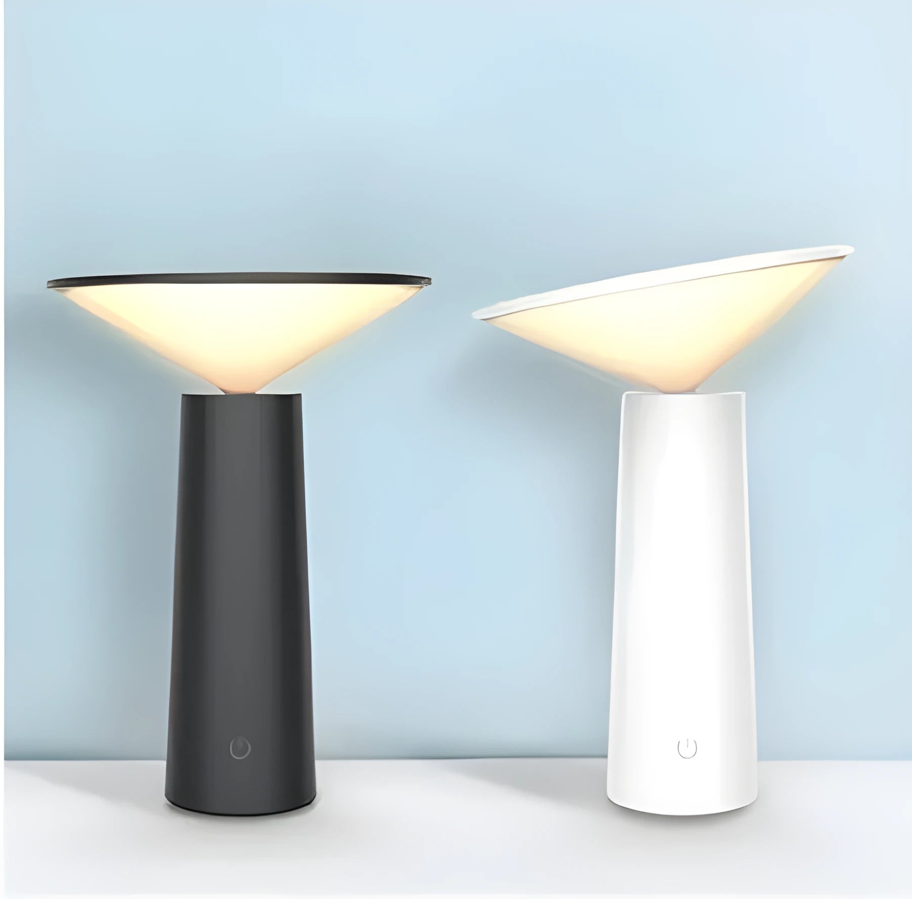 Black USB rechargeable LED desk lamp with touch sensor and adjustable lamp head on a wooden desk.