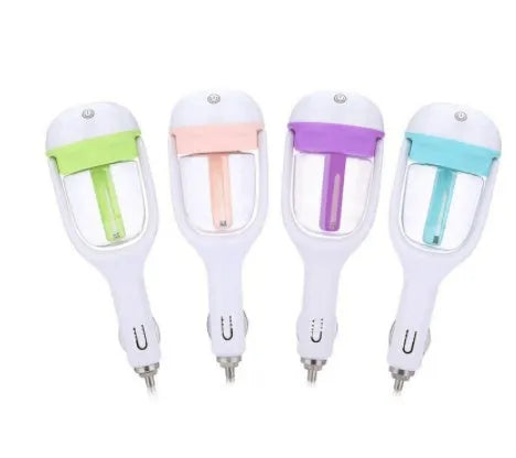 Compact portable car humidifier and essential oil diffuser unit in blue, green, pink, or purple.