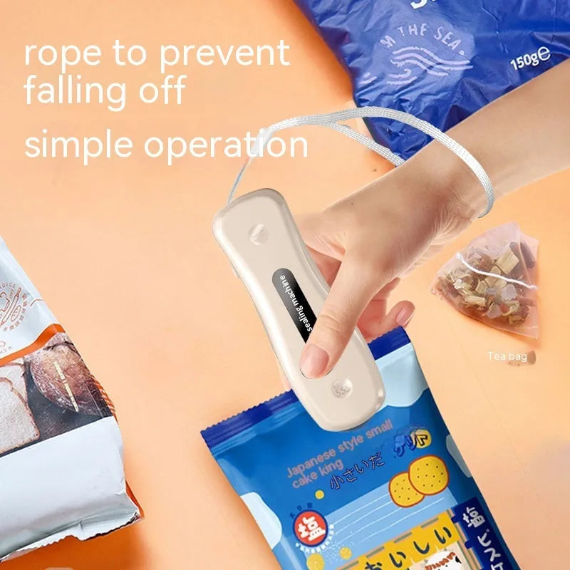 Small USB rechargeable sealing machine in milky white colour with magnetic storage patches