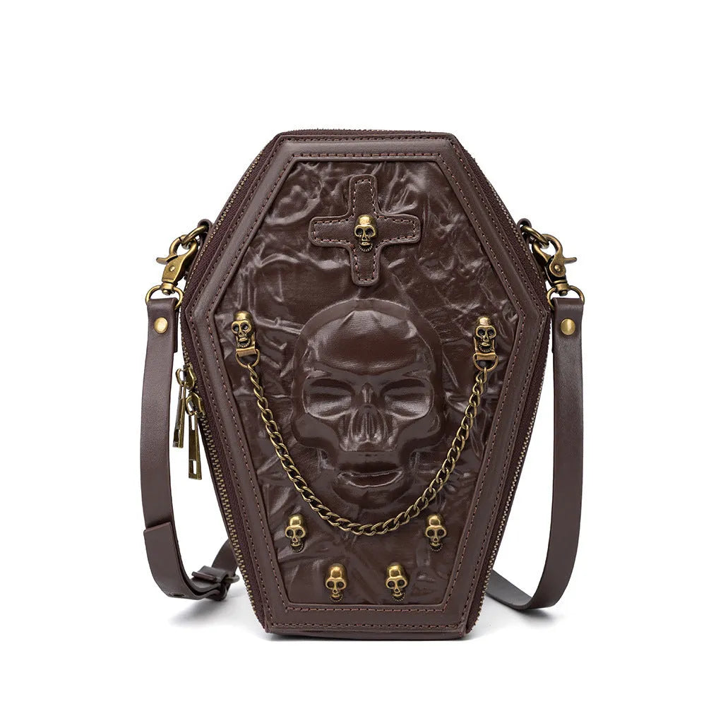 Men's black embossed Halloween messenger bag with three-dimensional pockets showing crossbody strap and structured shell shape