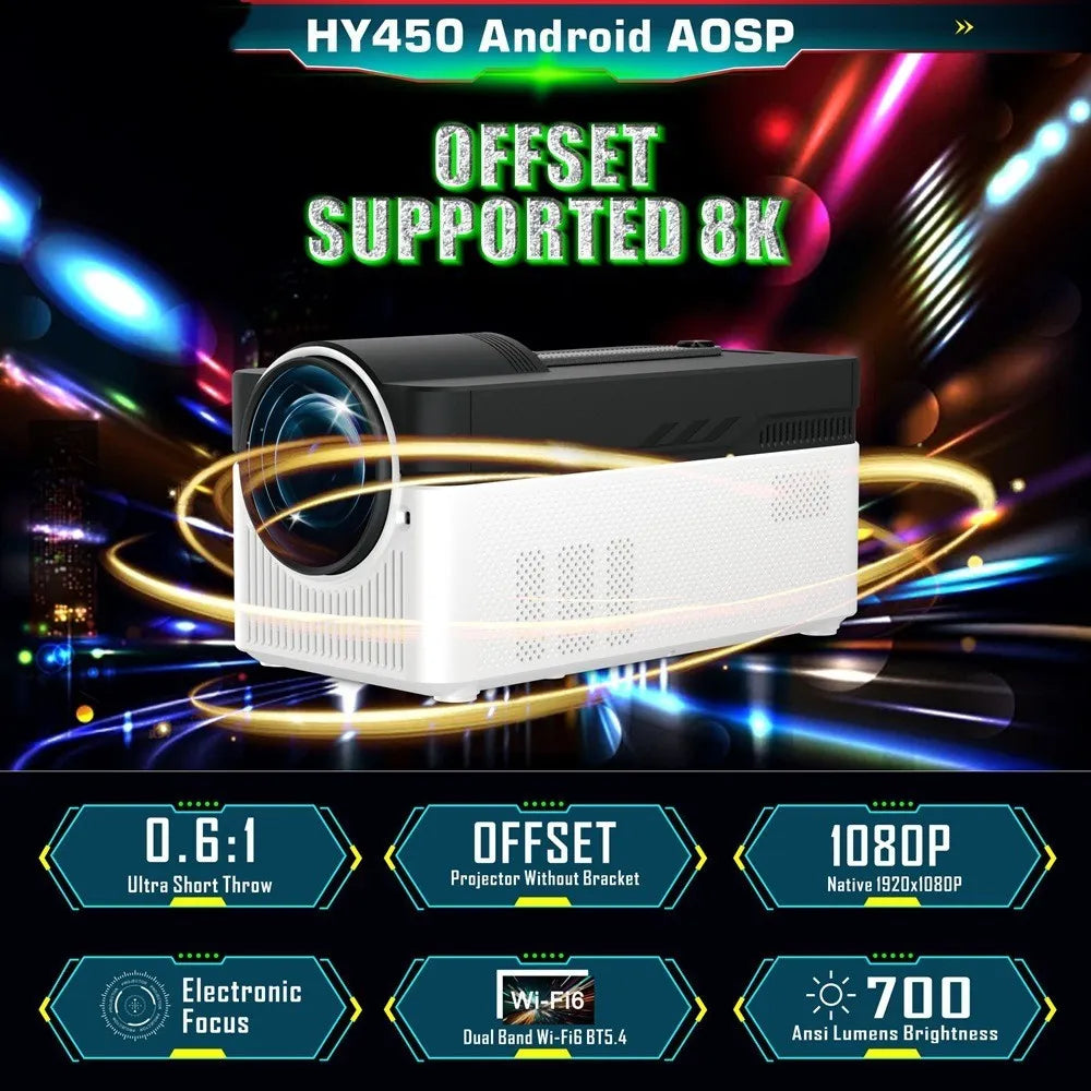 White portable smart projector with 1080p resolution and 700ANSI brightness on a table