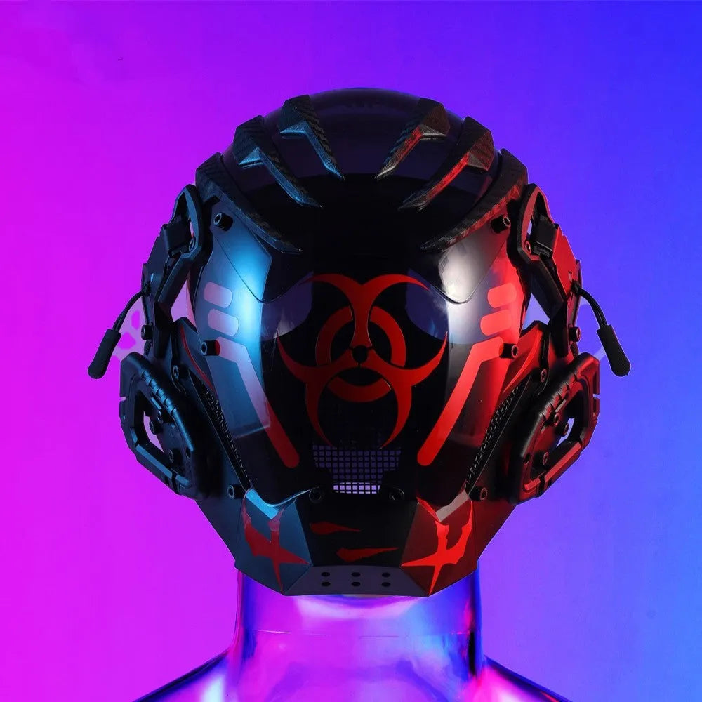 Black full-face polymer helmet with tech design, shown on a stand against a dark background.