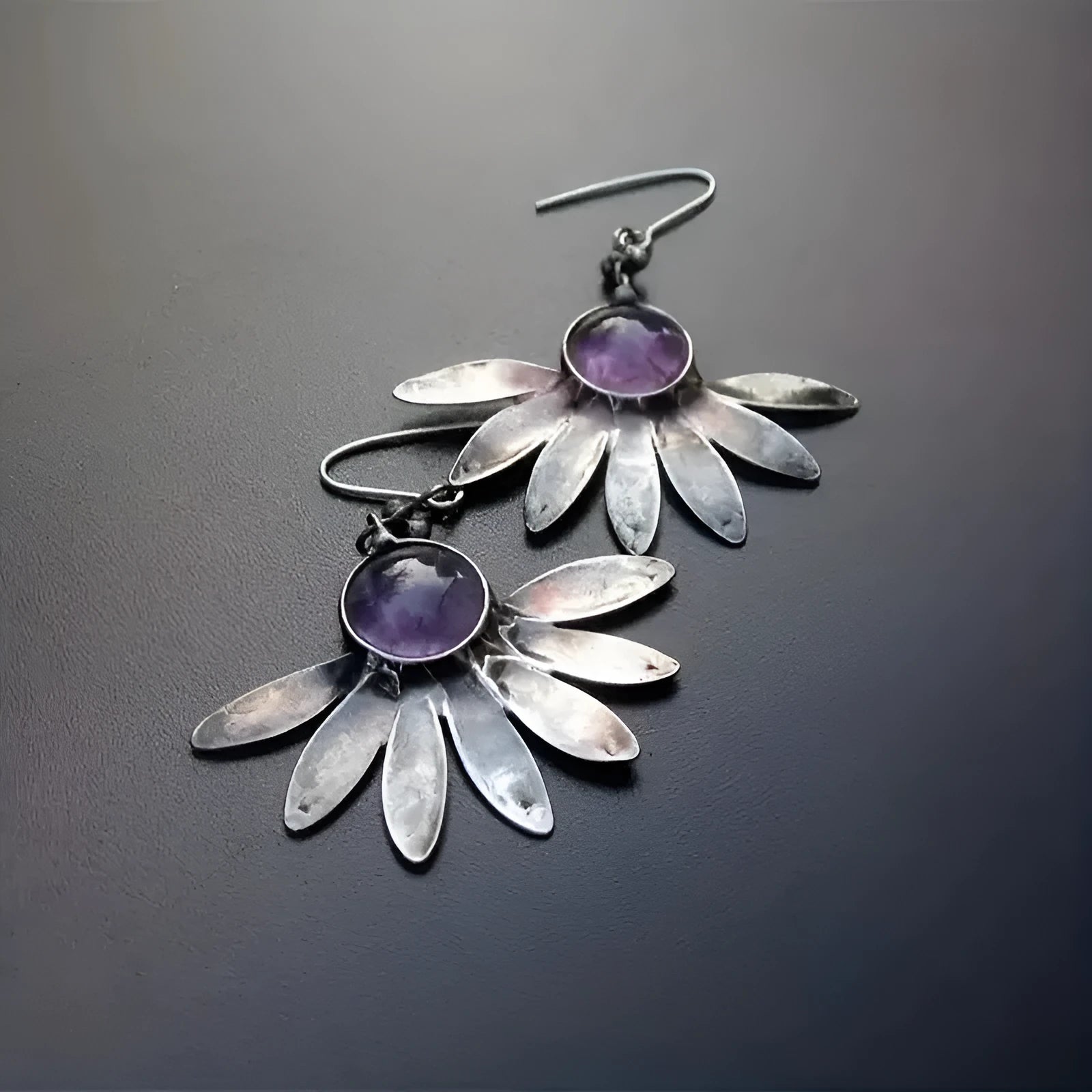 Purple resin flower earrings with alloy animal zodiac detailing in bohemian retro style