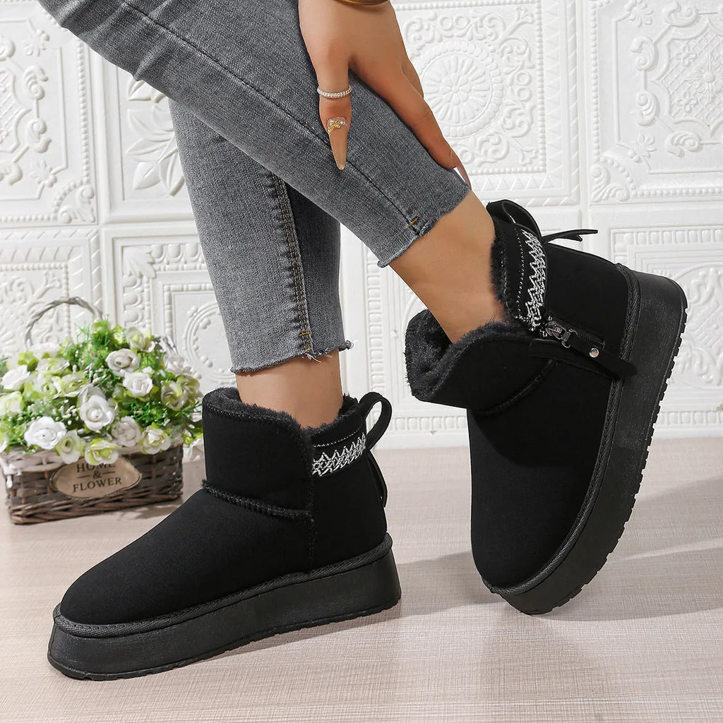 Side zipper thick sole height increasing snow boots for women in cow suede leather, black brown khaki colours