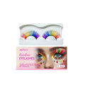 A pair of rainbow-coloured false eyelashes on a clear tray.