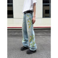 High street casual wide leg denim trousers in blue, mid waist zip fly style, straight leg cut