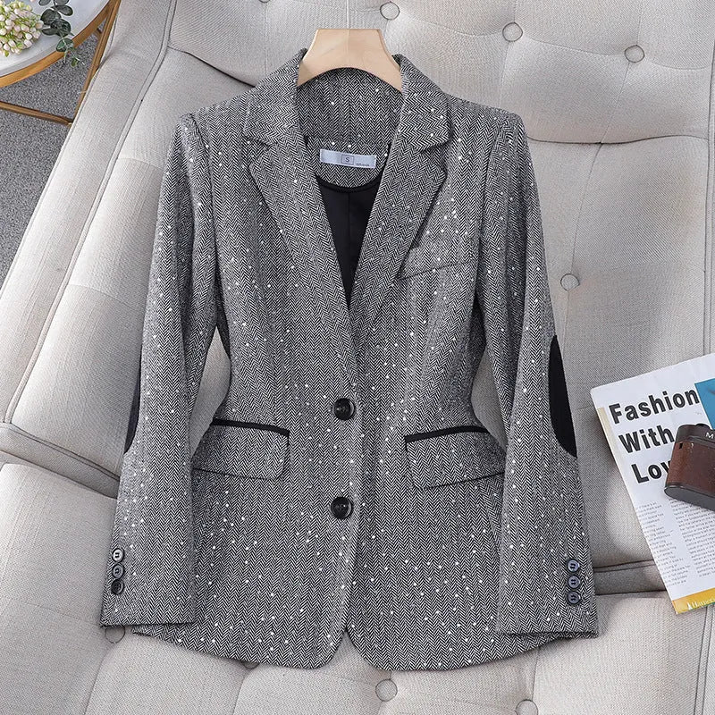 Women's Korean-style houndstooth blazer in coffee colour, long sleeve, polyester fabric, front view
