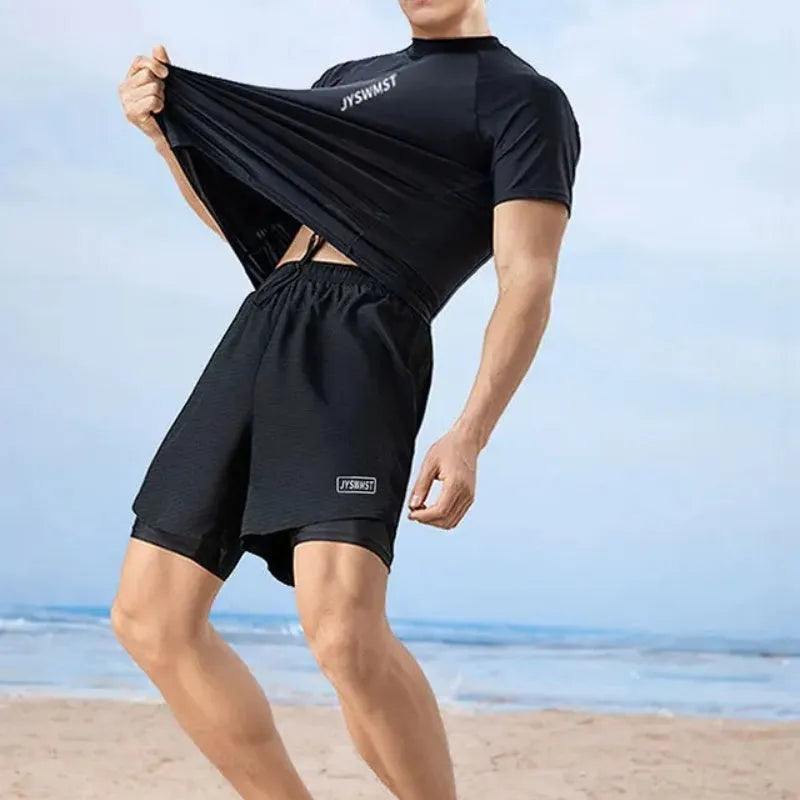Men's polyester swimsuit set with top and trousers in plus sizes up to 4XL