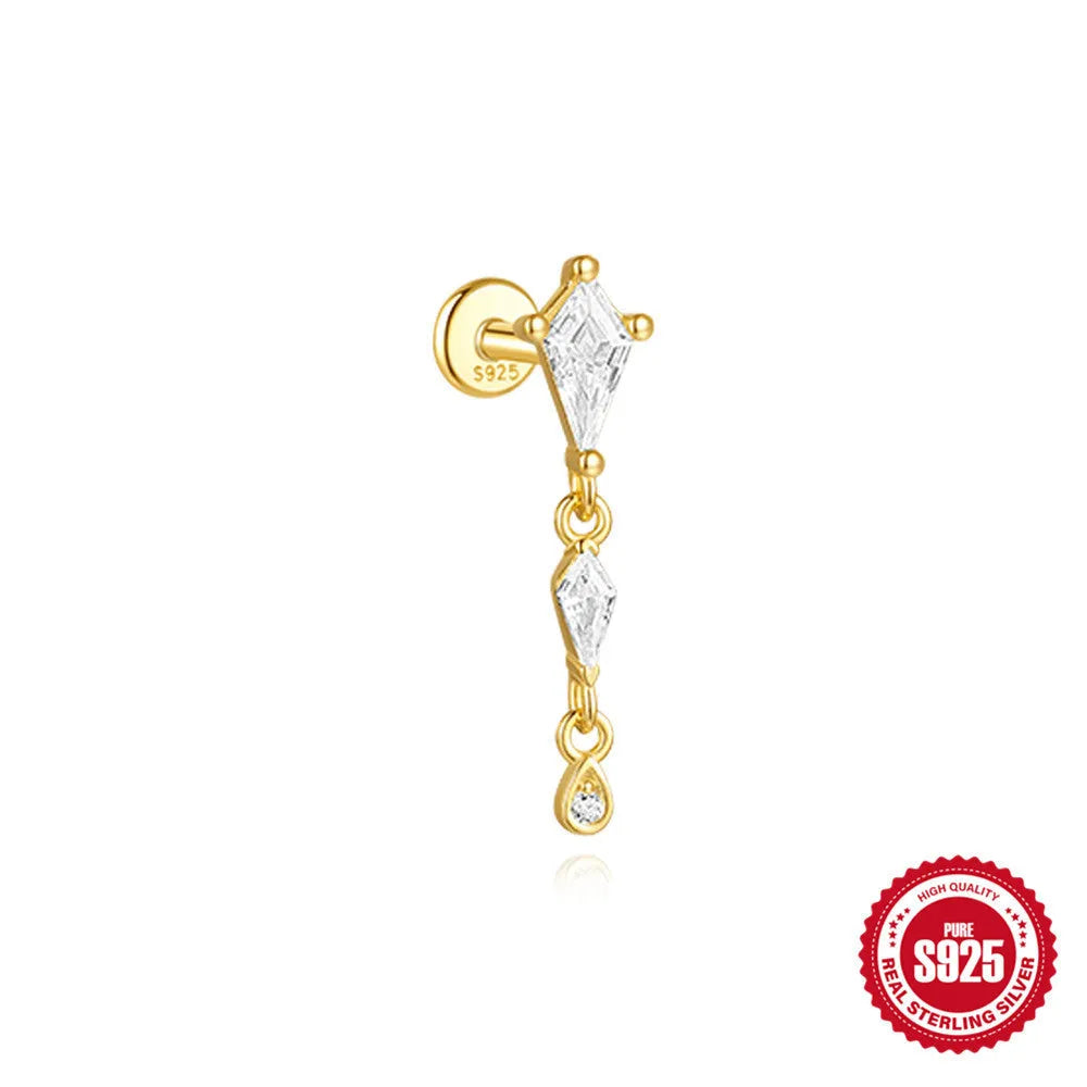 S925 sterling silver geometric kite-shaped earrings with rhinestones and a dangling chain tassel in a gold colour.