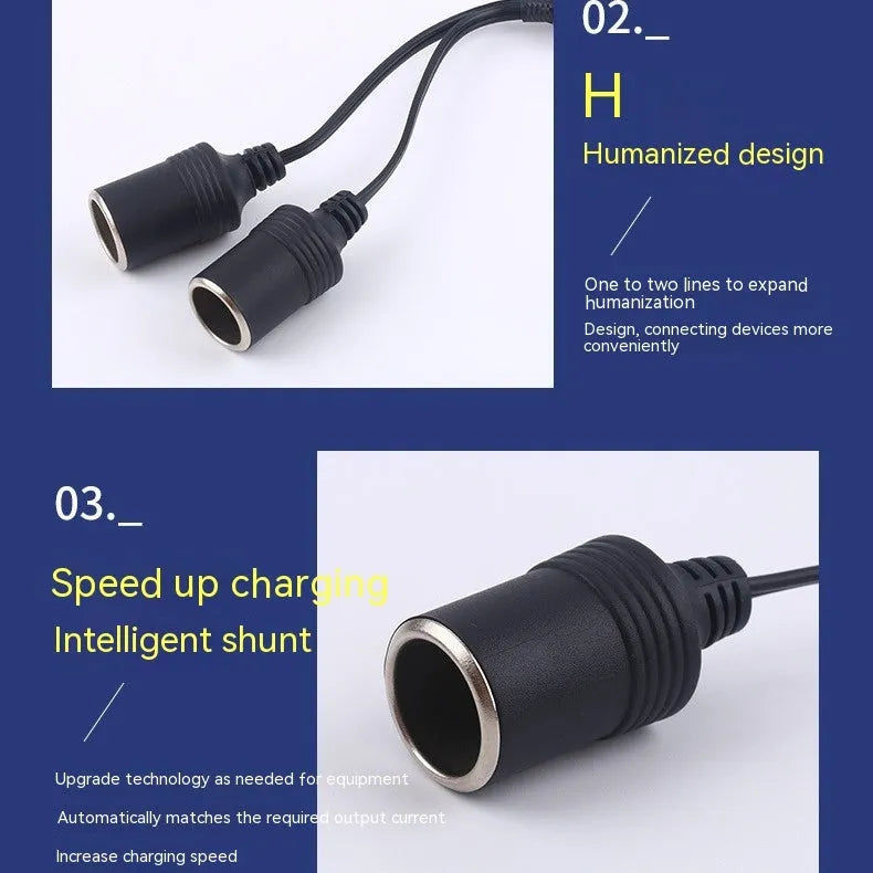 Black vehicle-mounted one-to-two cigarette lighter splitter with USB and 25cm 18AWG cable