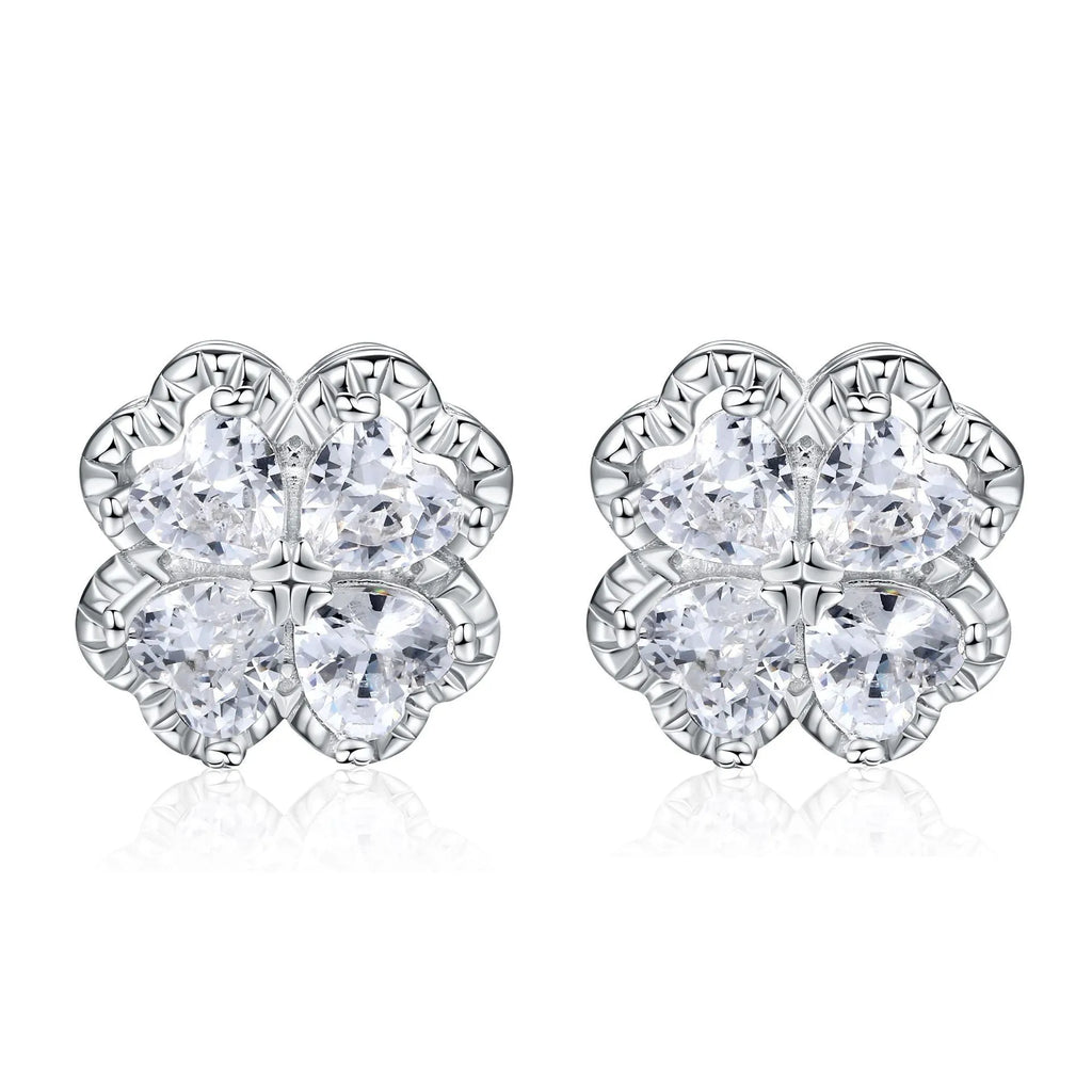 Zeng Yin women's 925 silver heart and four-leaf clover earrings with zircon stones in white gold colour.