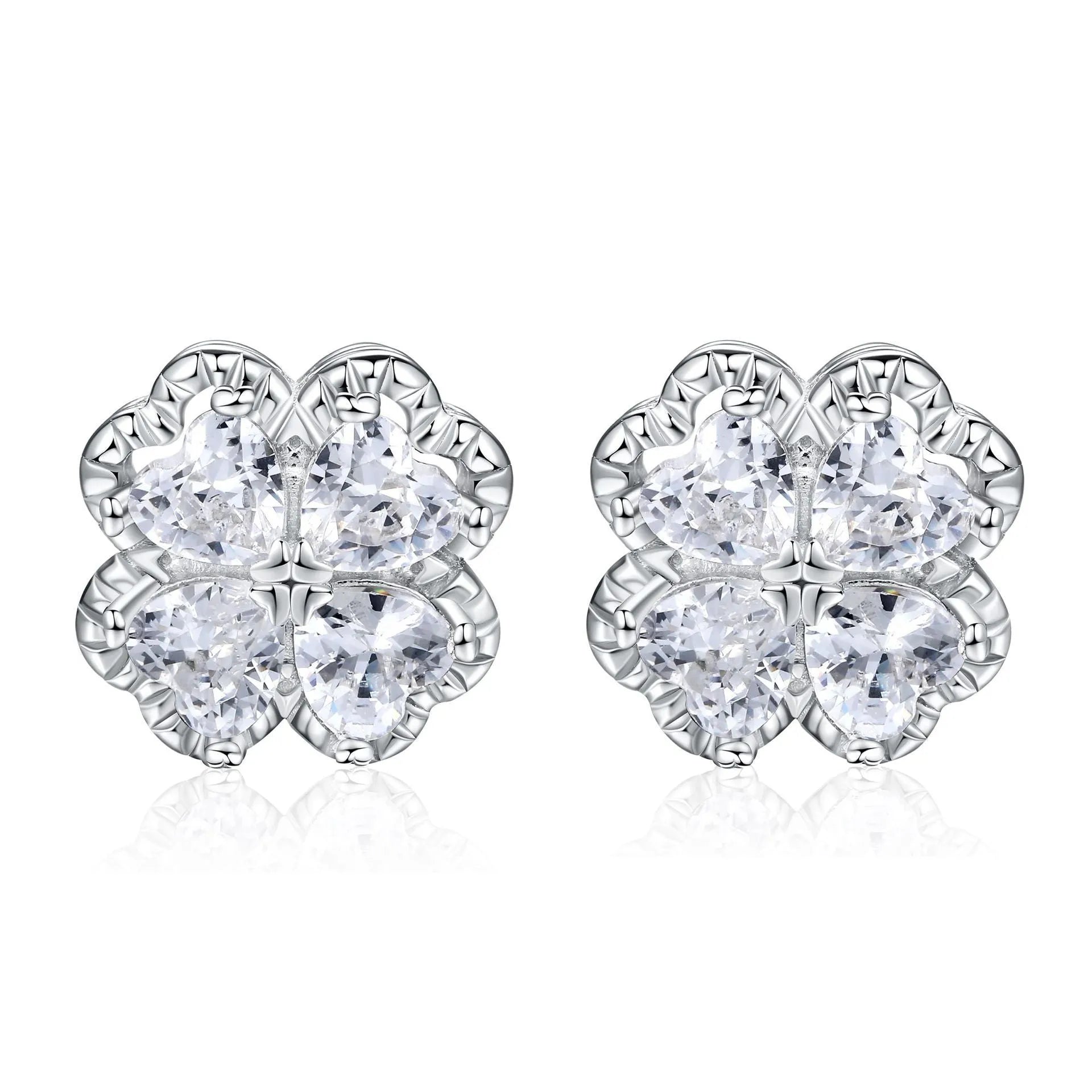 Zeng Yin women's 925 silver heart and four-leaf clover earrings with zircon stones in white gold colour.