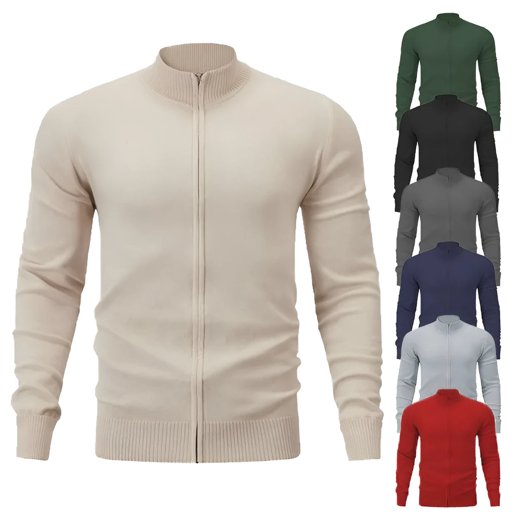 Casual zip-front cotton sweater with a stand collar, shown in a loose fit.