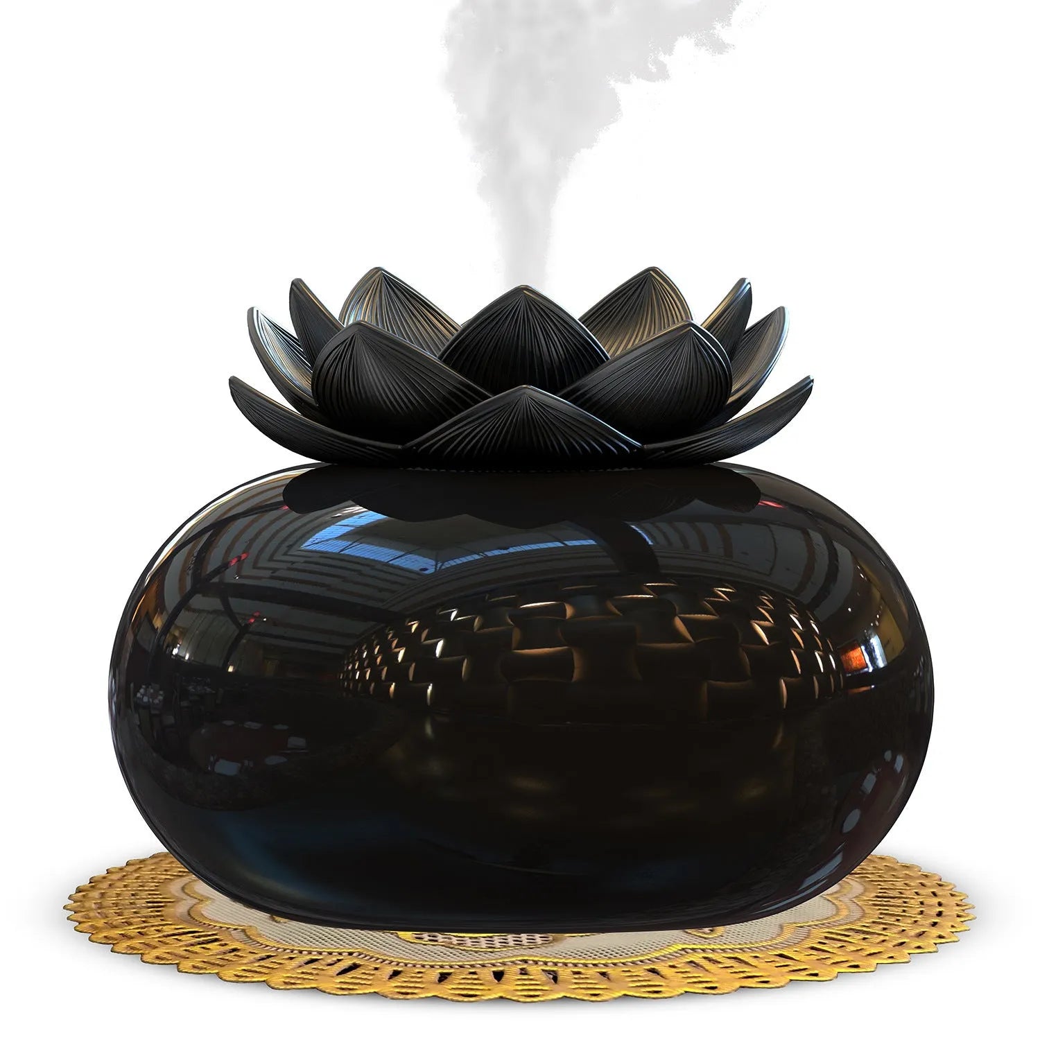 Round pure black lotus aromatherapy ultrasonic humidifier with USB cable.