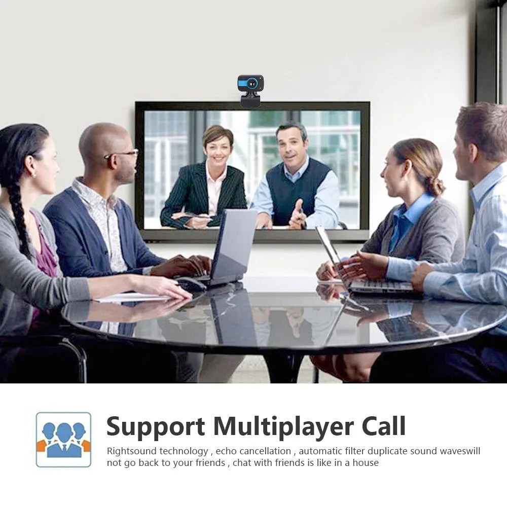 Blue mini driverless USB webcam on a stand with a 1.45m cable and 360-degree rotating head.