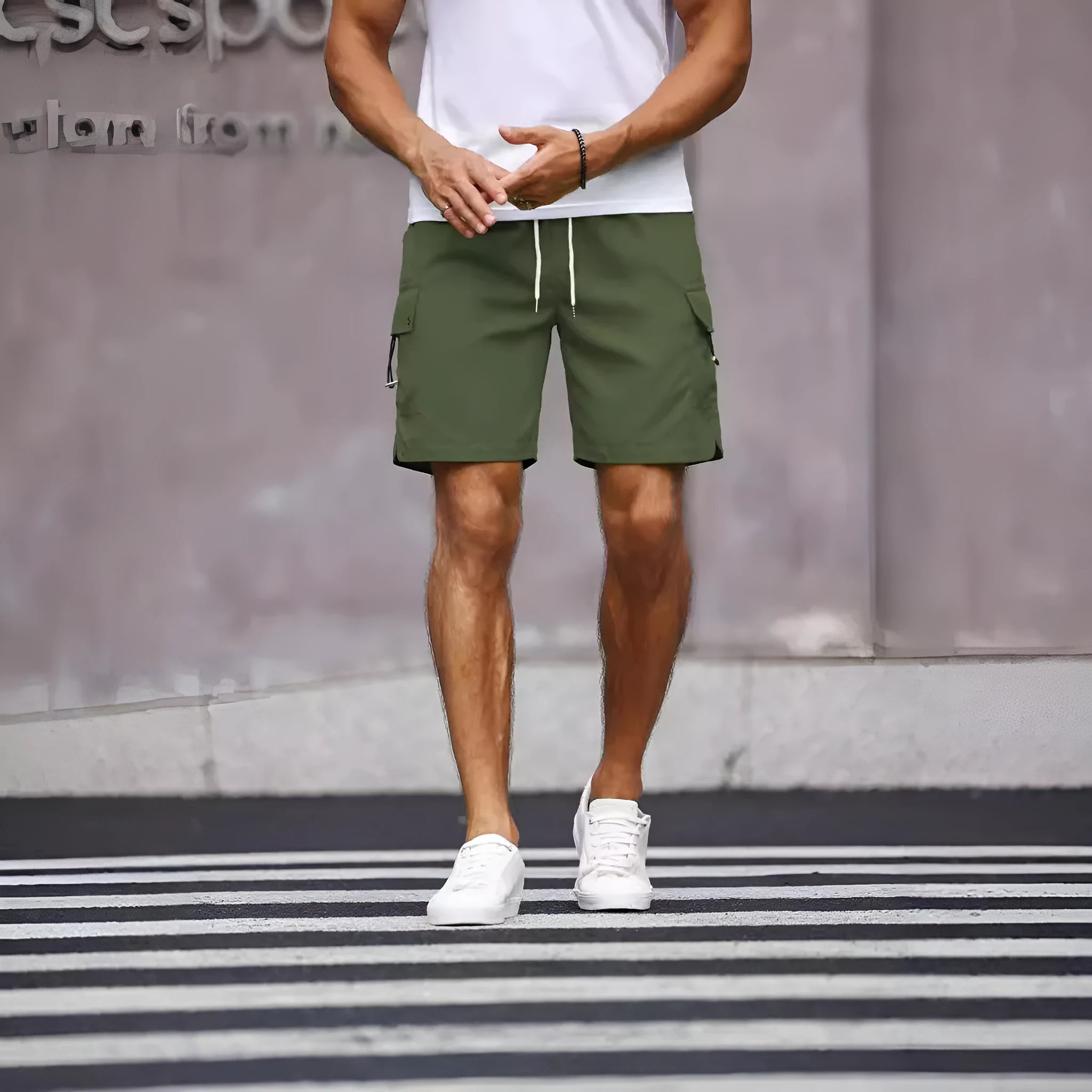 Men's loose-fitting straight-leg work shorts in fluorescent green cool silk cotton fabric.