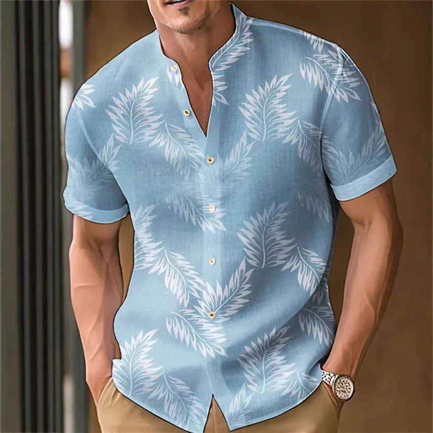 Men's casual printed shirt in polyester fabric on a hanger, showing one of eight available colour codes.
