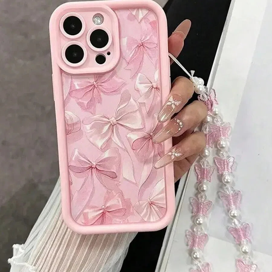 Pink TPU phone case with cartoon butterfly bracelet for iPhone 11 to 17 series