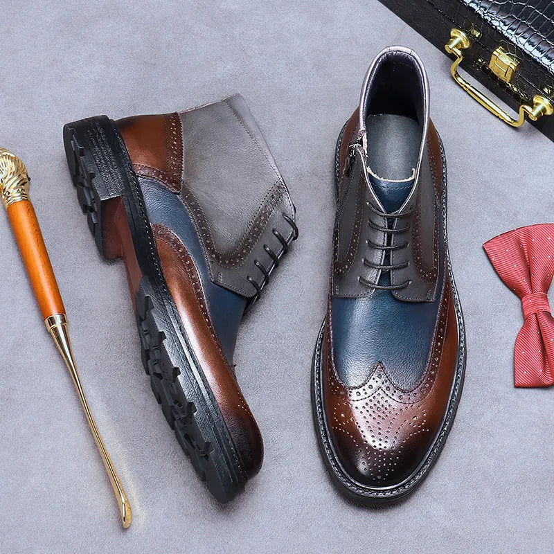 Men's curry blue leather brogue boots with colour blocking and square low heel