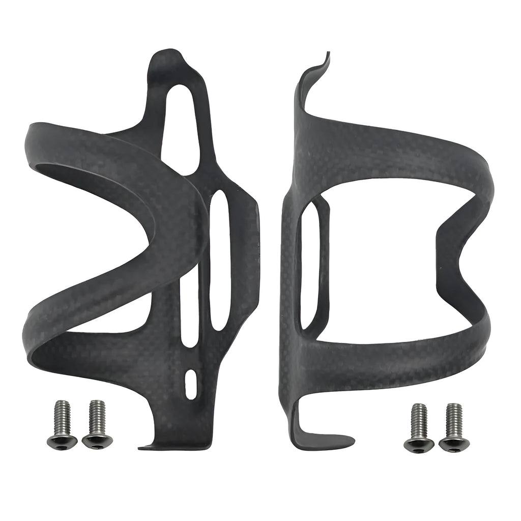 Black carbon fibre side-pull water bottle cage for bicycles, showing mounting holes and side-access design.