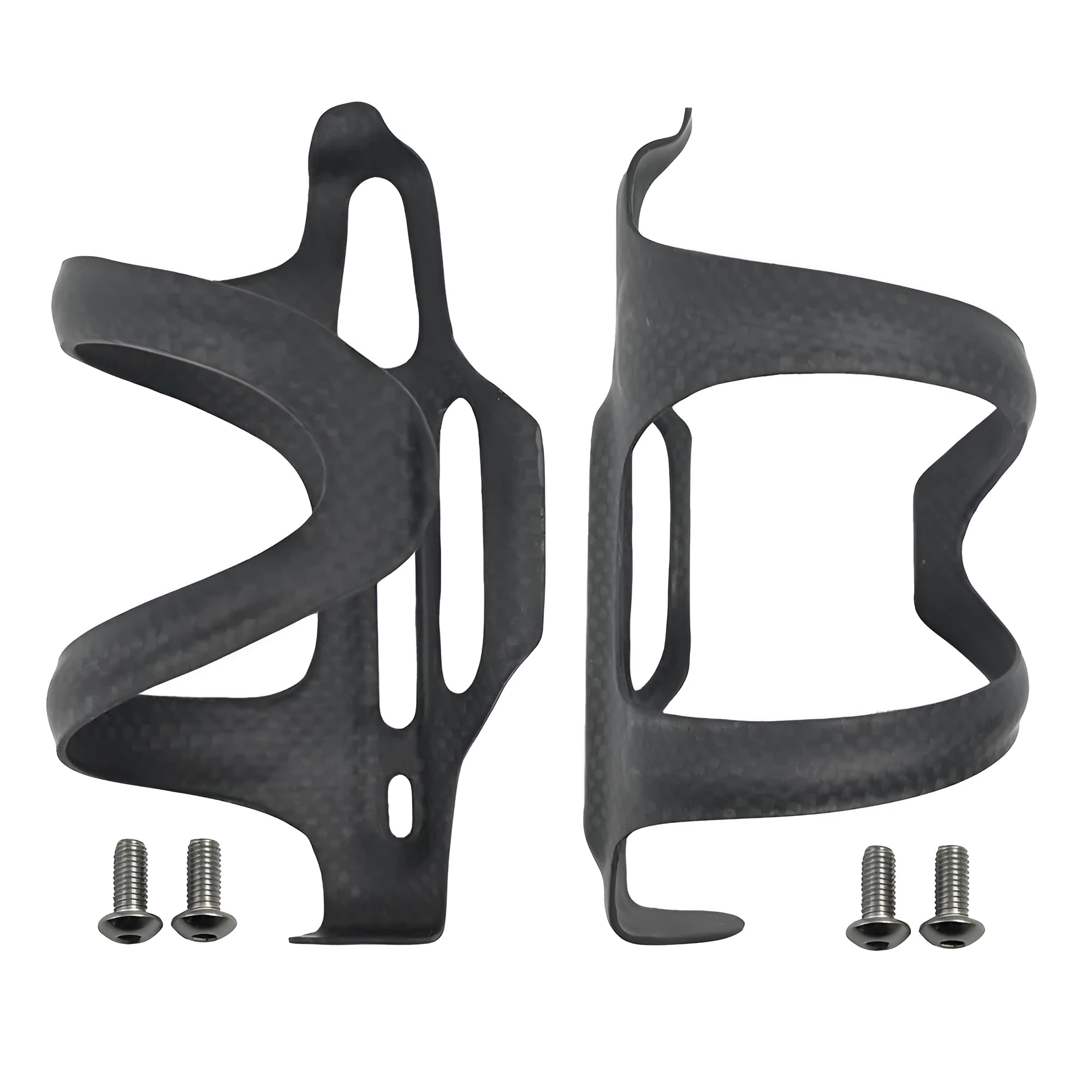 Black carbon fibre side-pull water bottle cage for bicycles, showing mounting holes and side-access design.