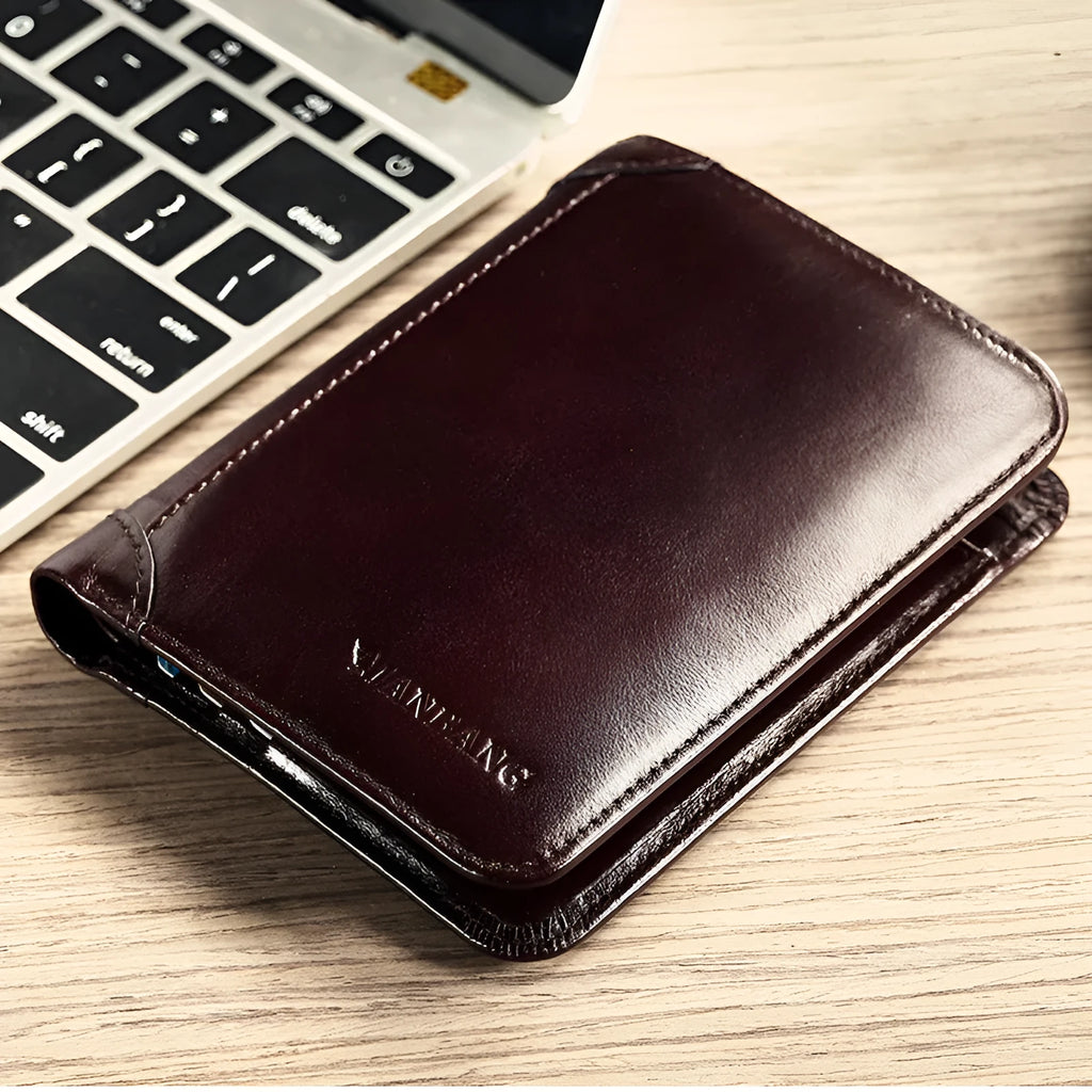 Men's black genuine leather bifold wallet open, showing eight card slots and a zipped coin compartment.