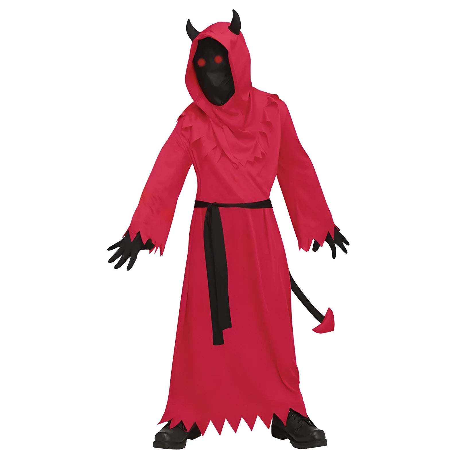 Red polyester Halloween demon costume with horned hood, serrated dress, plush tail, and wrist gloves