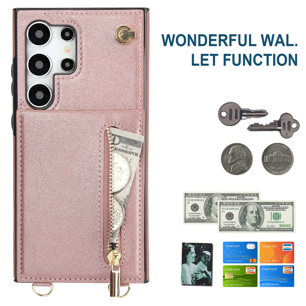 Black leather crossbody phone case with card slots showing Samsung Galaxy phone compatibility