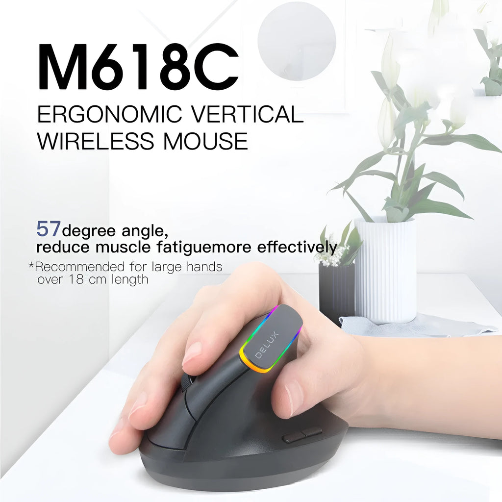 M618C black and white vertical wireless ergonomic computer mouse shown from the side.
