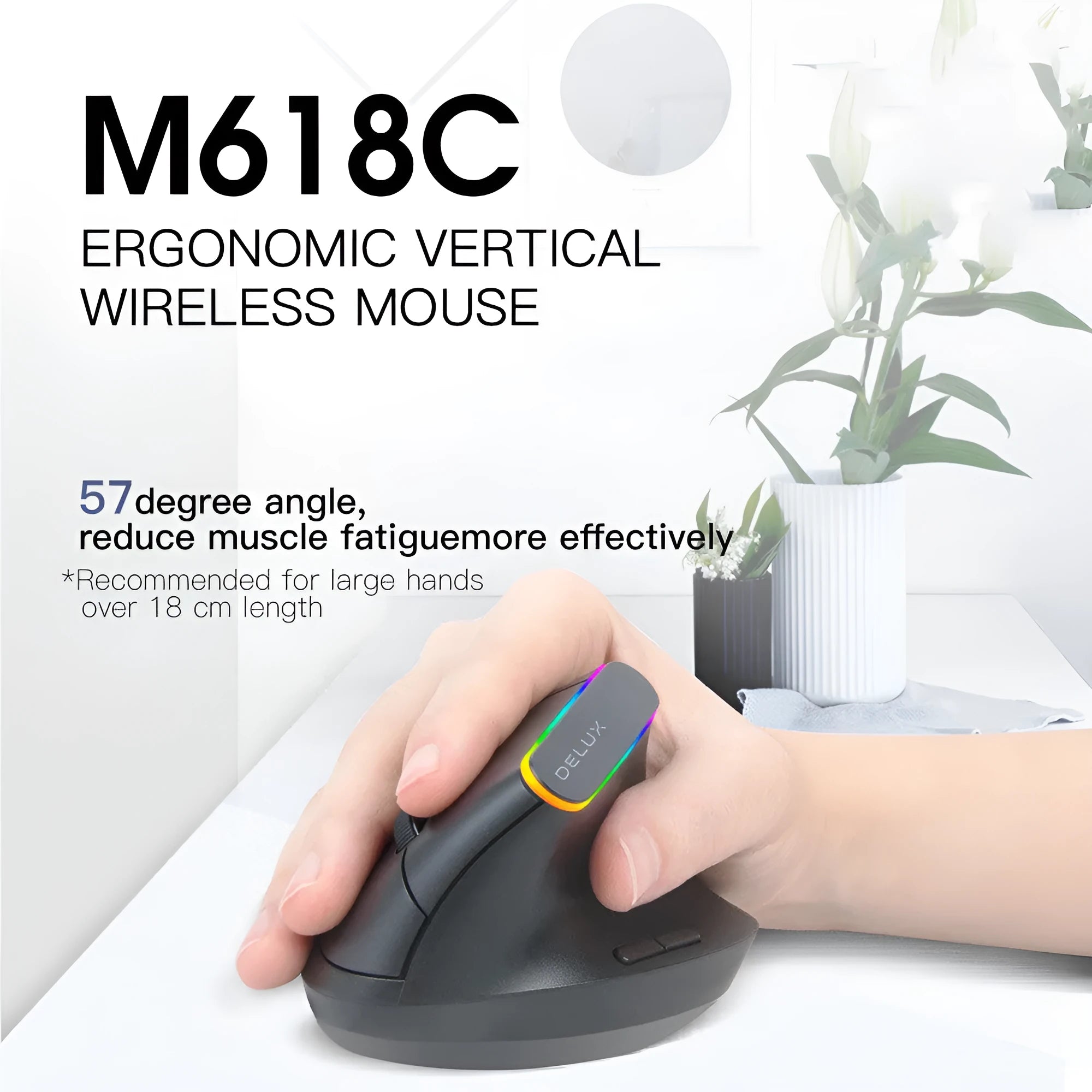 M618C black and white vertical wireless ergonomic computer mouse shown from the side.