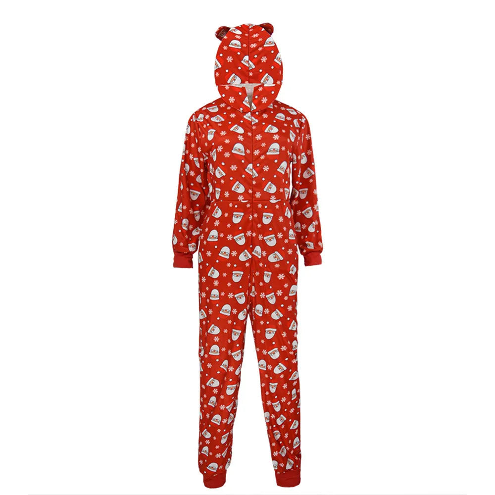Family matching Christmas onesie in blue or red, hooded long-sleeve polyester knit jumpsuit for kids and adults
