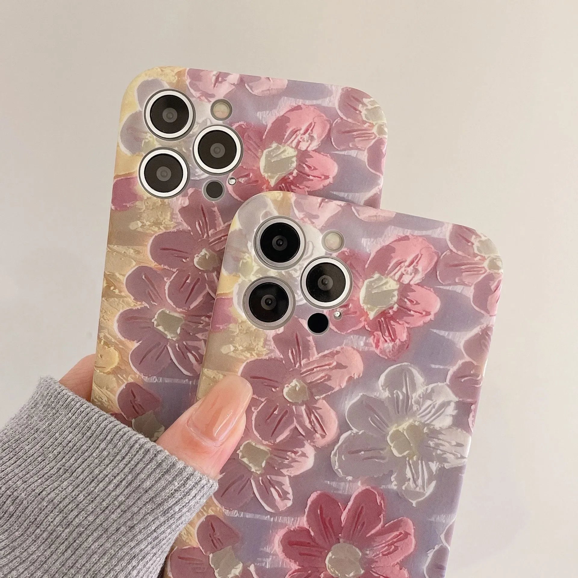 Pink silicone liquid oil painting flower phone case for iPhone rear cover protection