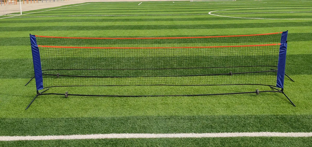 Portable folding badminton bracket and net set with white PE plastic construction showing four length options