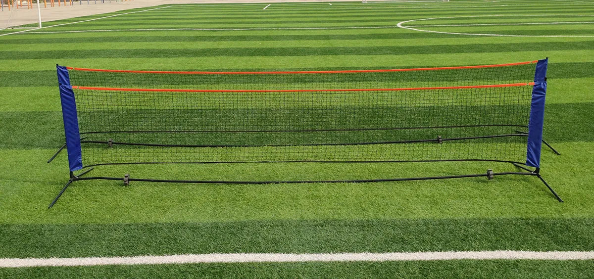 Portable folding badminton bracket and net set with white PE plastic construction showing four length options