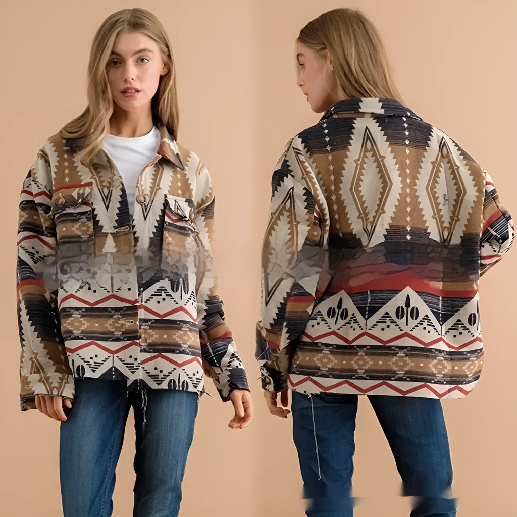 Women's retro style Aztec print woolen coat in loose fit with long sleeves.