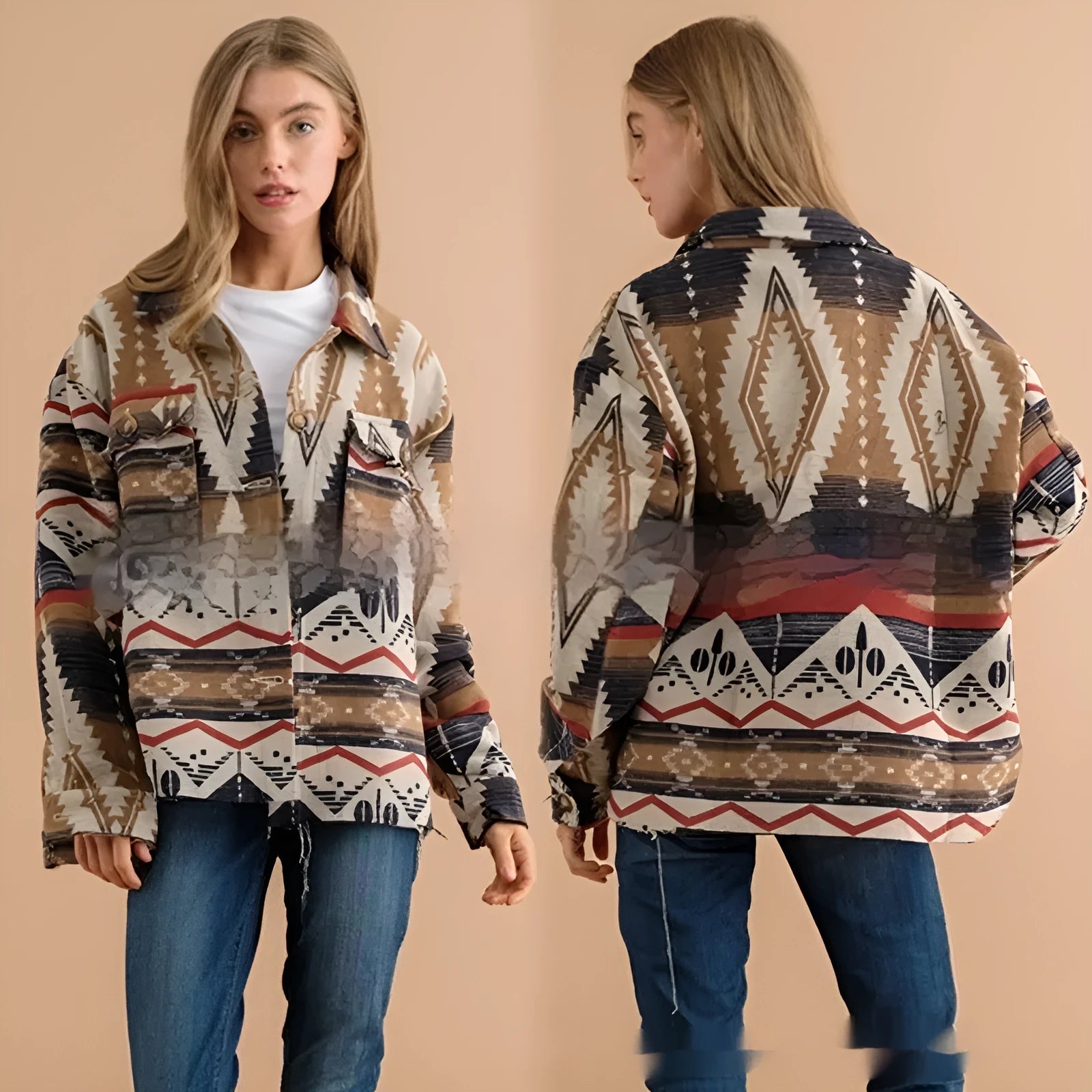 Women's retro style Aztec print woolen coat in loose fit with long sleeves.