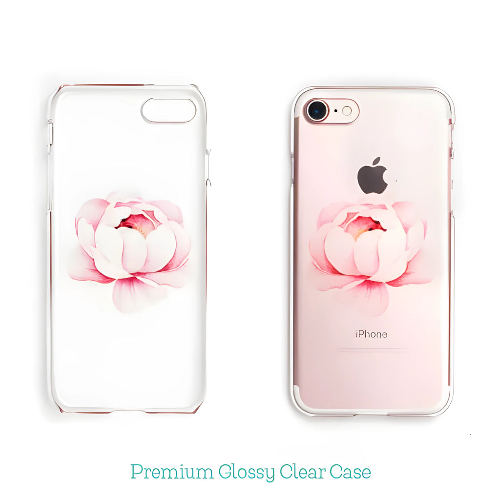Clear transparent TPU phone case with example custom print on back, showing phone model cutouts.