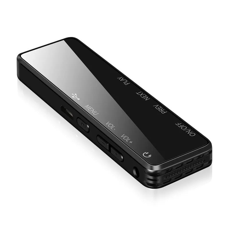 Black USB flash drive MP3 voice recorder with zinc alloy shell showing LCD display and controls