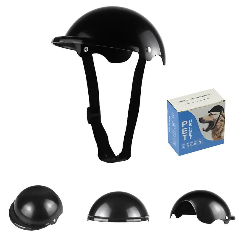 Small S size plastic pet helmet for motorcycle safety in pink, black, yellow, and green colours.