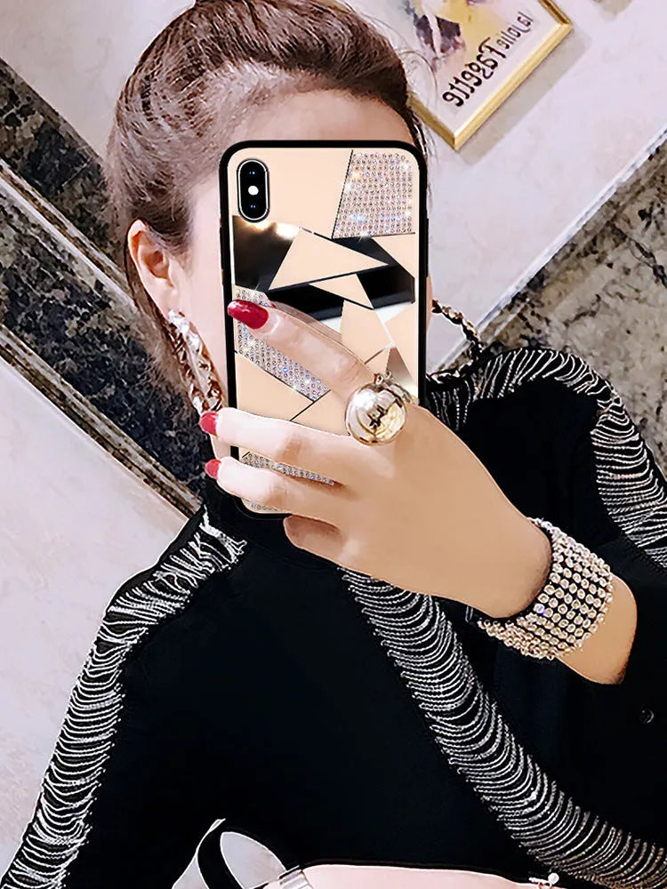 iPhone compatible silicone back cover with rhinestone diamond mirror finish in Gold and White colours for 11Pro, X, 8, 7, 6 models