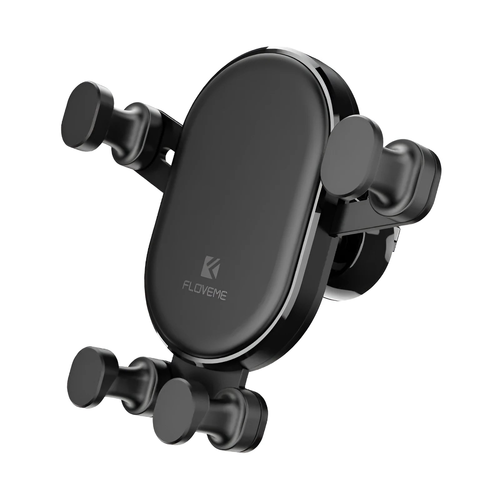 Black car phone holder with 360-degree rotating head on a car dashboard
