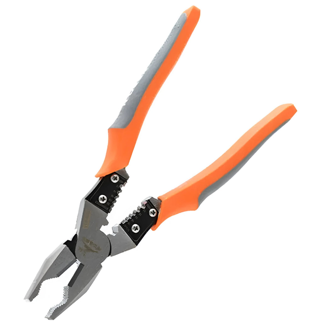 Orange handled multi-function wire cutter pliers with chrome steel head on a workbench.
