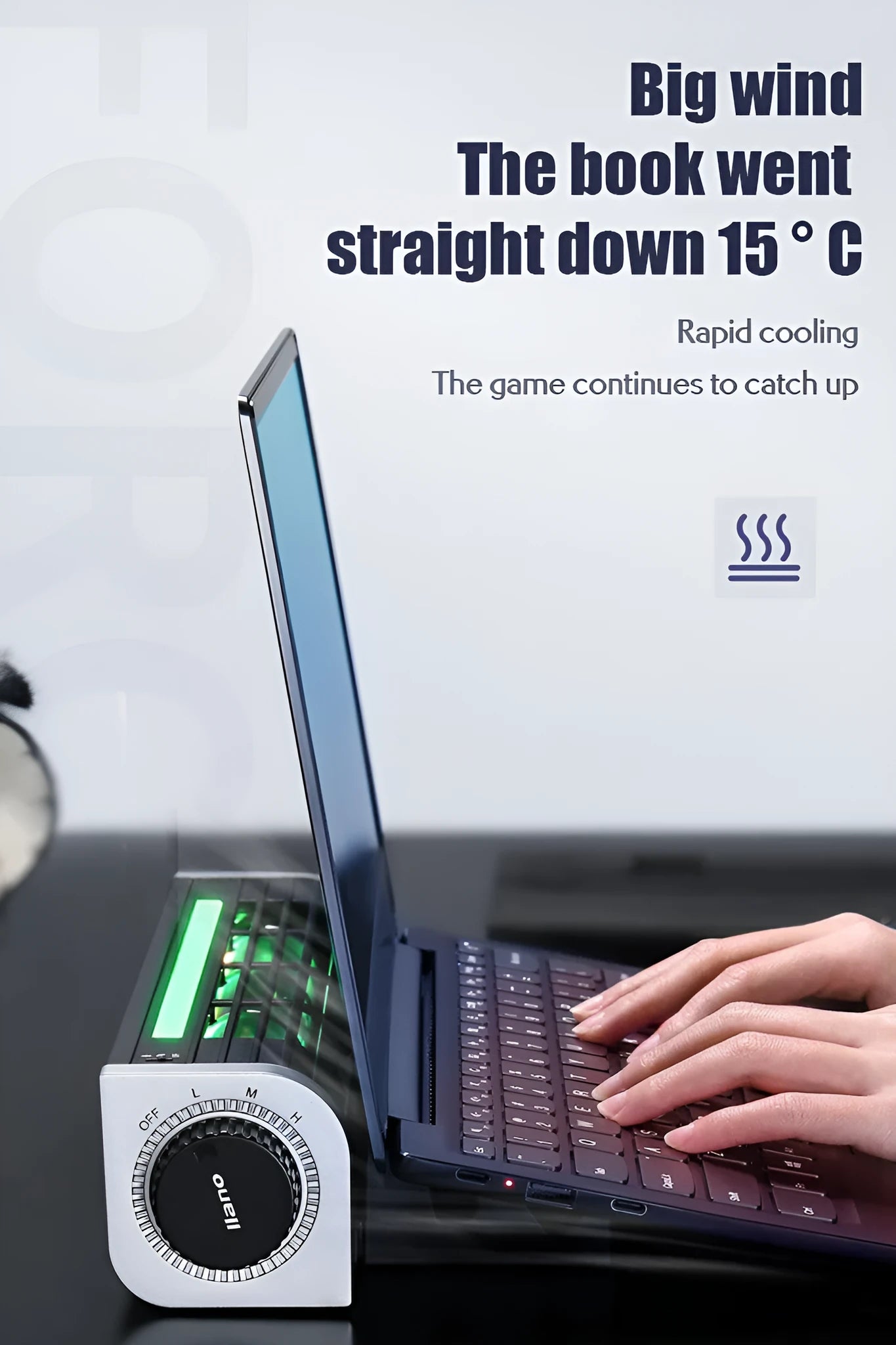 Black notebook cooling pad with five fans, USB cable, and optional fold-out support stand for laptops.