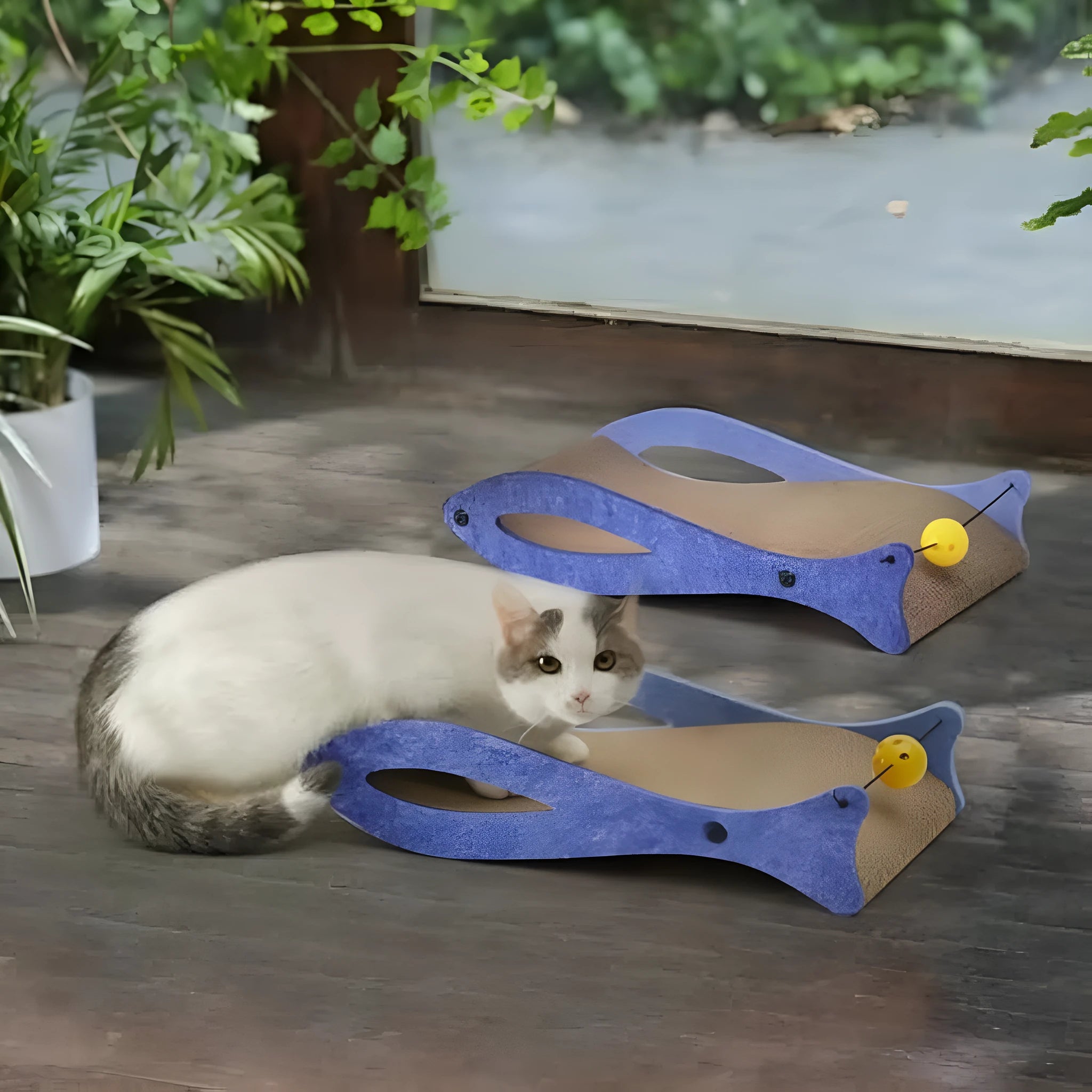 Blue fish-shaped cardboard cat scratcher lounge with bell ball toys on elastic cord
